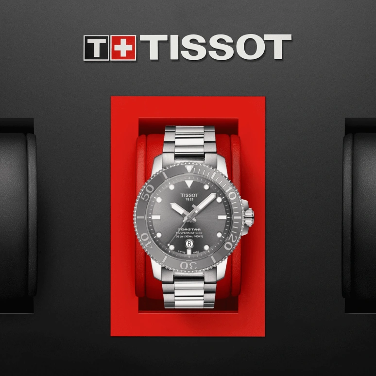 Tissot,Seastar 43mm,43mm,Stainless Steel,Ceramic,Grey,Automatic,Day,80hours,T120,T120.407.11.081.01