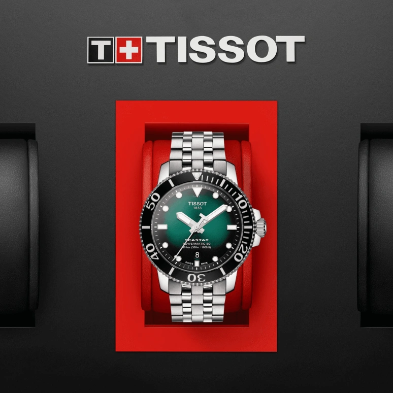 Tissot,Seastar 43mm,43mm,Stainless Steel,Ceramic,Green,Gradient,Automatic,Day,80hours,T120,T120.407.11.091.01