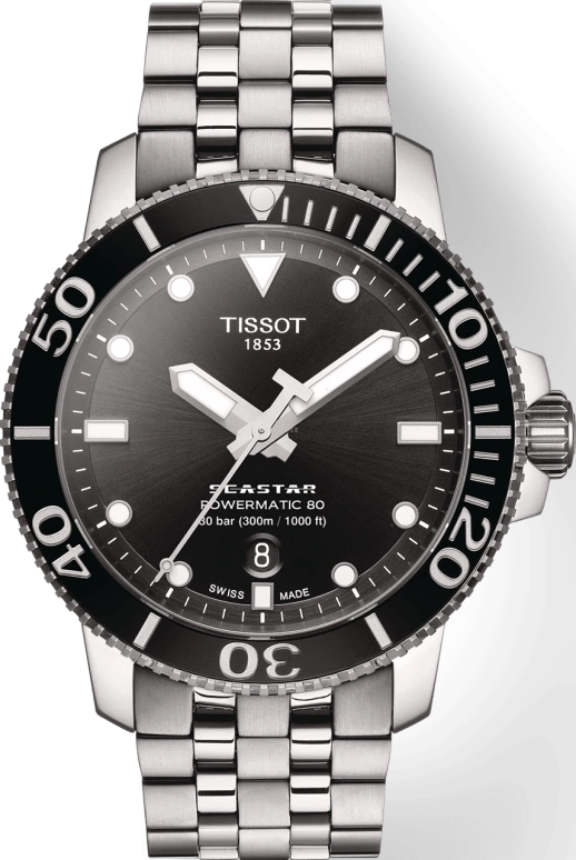 Tissot,Seastar 43mm,43mm,Stainless Steel,Ceramic,Black,Automatic,Day,80hours,T120,T120.407.11.051.00