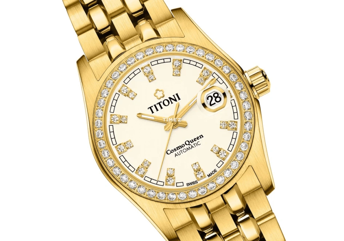 Titoni,COSMO 27mm,27mm,Yellow Gold,Silver,Automatic,Day,Sapphire,Crystal Glass,729 G,729 G-DB-541