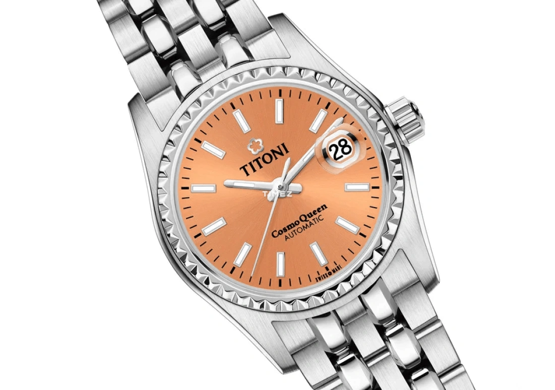 Titoni,COSMO 27mm,27mm,Stainless Steel,Salmon,Orange,Automatic,Day,Sapphire,Crystal Glass,729 S,729 S-721