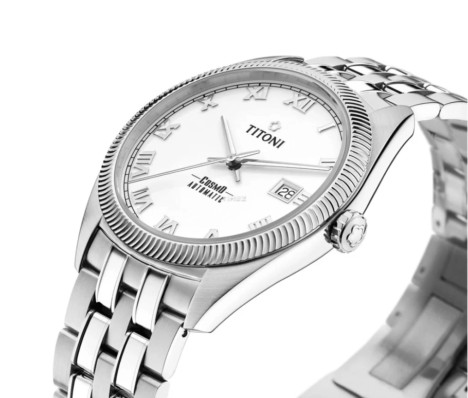 Titoni,COSMO 41mm,41mm,Stainless Steel,White,Automatic,Day,Sapphire,Crystal Glass,878 S,878 S-657
