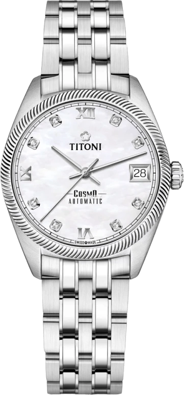 Titoni,COSMO 33.50mm,33.50mm,Stainless Steel,White,Automatic,Day,Sapphire,Crystal Glass,828 S,828 S-652