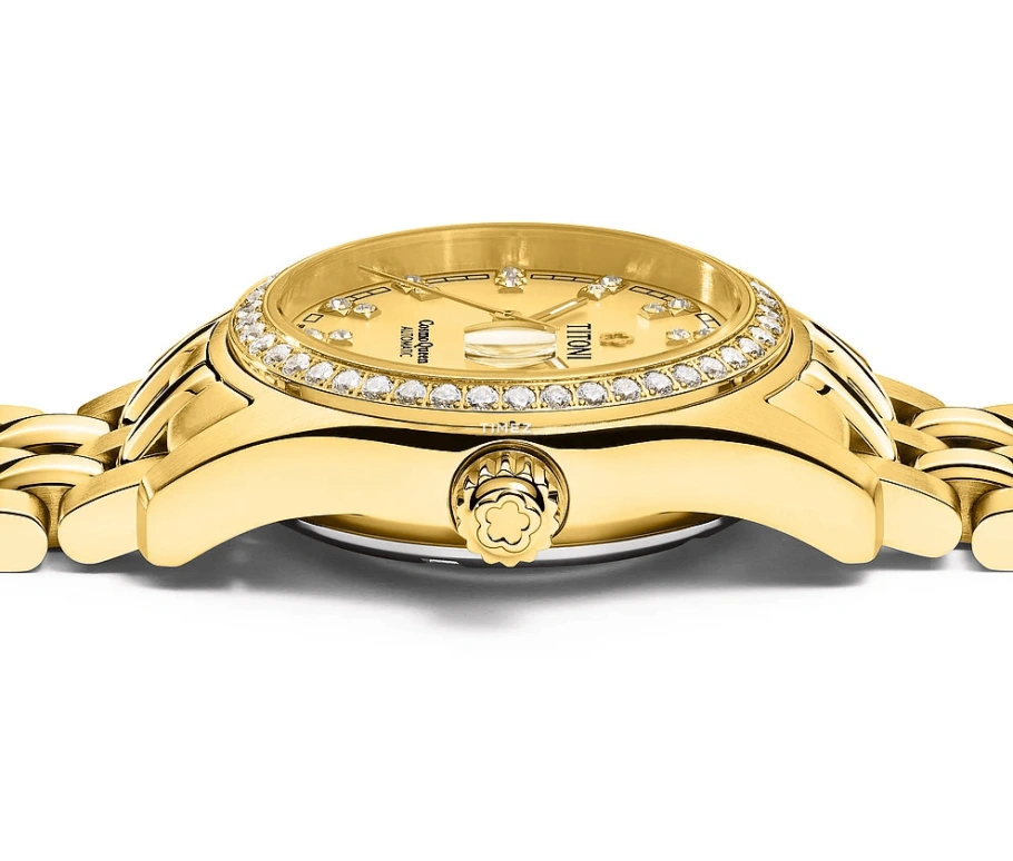 Titoni,COSMO 27mm,27mm,Yellow Gold,Champagne,Automatic,Day,Sapphire,Crystal Glass,729 G,729 G-DB-306