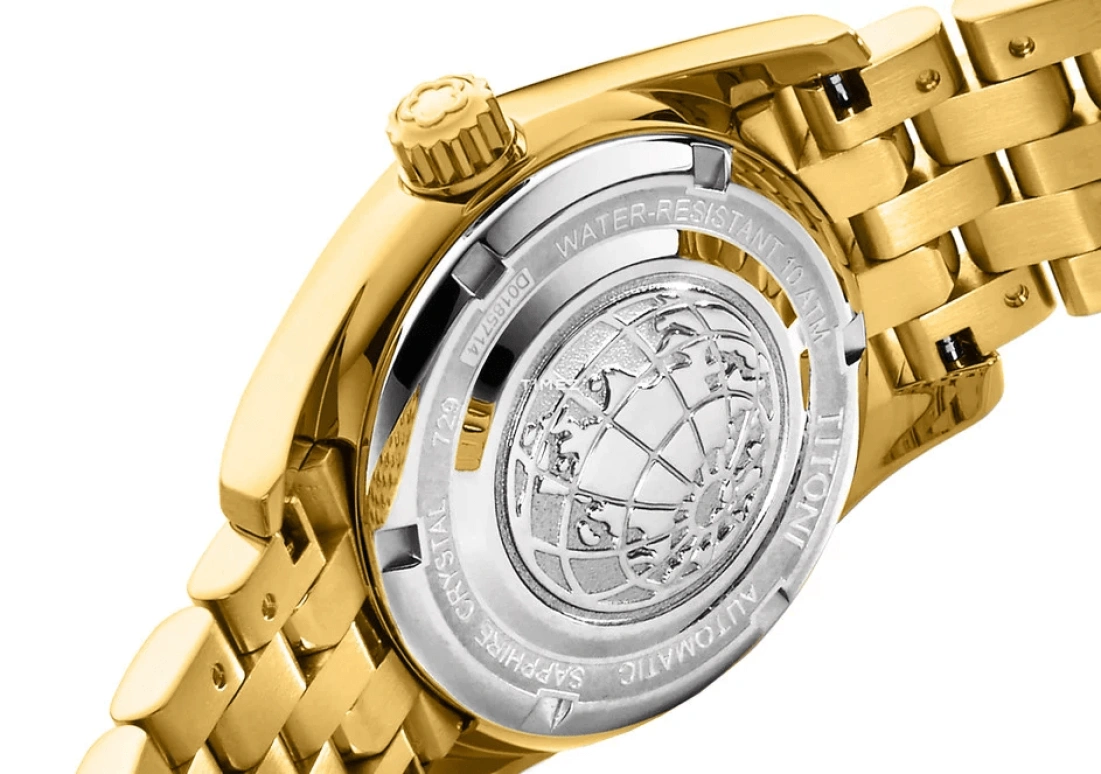 Titoni,COSMO 27mm,27mm,Yellow Gold,Champagne,Automatic,Day,Sapphire,Crystal Glass,729 G,729 G-DB-306