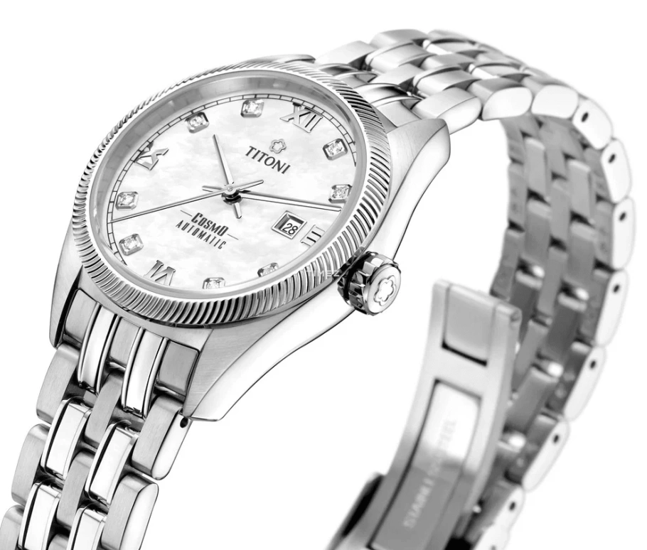 Titoni,COSMO 30mm,30mm,Stainless Steel,White,Automatic,Day,Sapphire,Crystal Glass,818 S,818 S-652