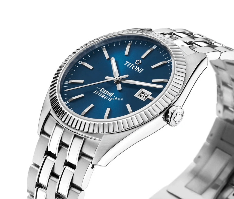 Titoni,COSMO 41mm,41mm,Stainless Steel,Blue,Automatic,Day,Sapphire,Crystal Glass,879 S,879 S-612
