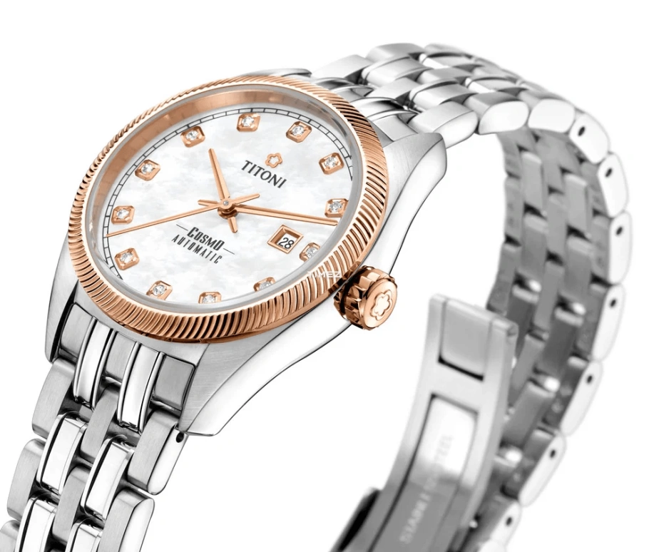 Titoni,COSMO 30mm,30mm,Stainless Steel,White,Automatic,Day,Sapphire,Crystal Glass,818 SRG,818 SRG-622