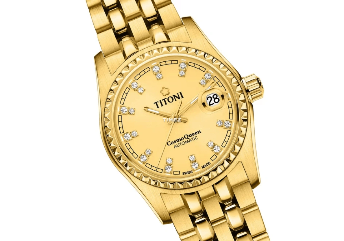 Titoni,COSMO 27mm,27mm,Yellow Gold,Champagne,Automatic,Day,Sapphire,Crystal Glass,729 G,729 G-306