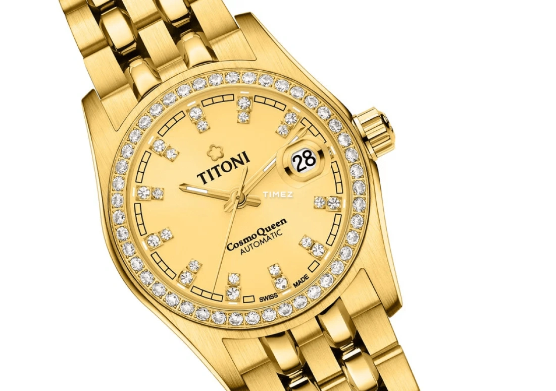 Titoni,COSMO 27mm,27mm,Yellow Gold,Champagne,Automatic,Day,Sapphire,Crystal Glass,729 G,729 G-DB-306