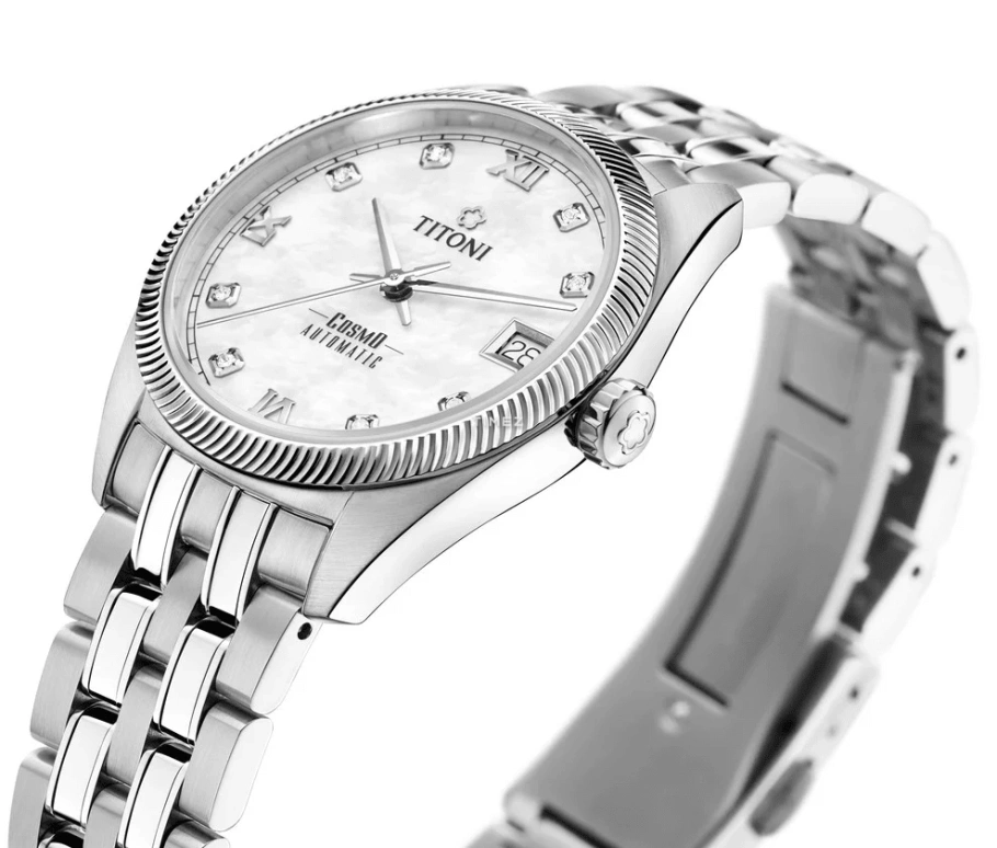 Titoni,COSMO 33.50mm,33.50mm,Stainless Steel,White,Automatic,Day,Sapphire,Crystal Glass,828 S,828 S-652