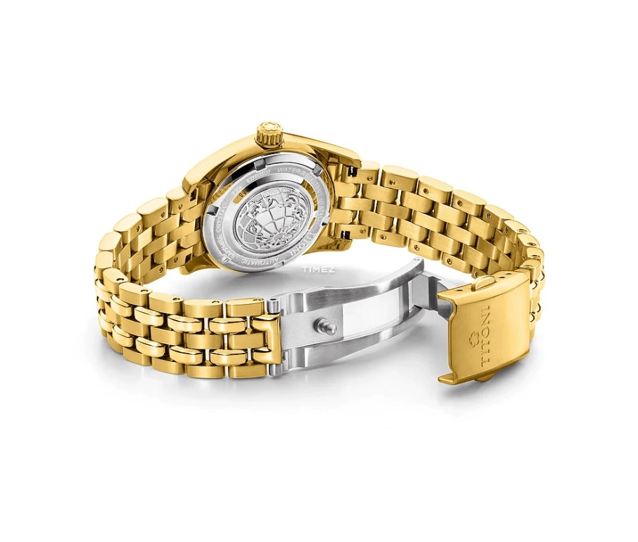 Titoni,COSMO 27mm,27mm,Yellow Gold,Champagne,Automatic,Day,Sapphire,Crystal Glass,729 G,729 G-DB-306