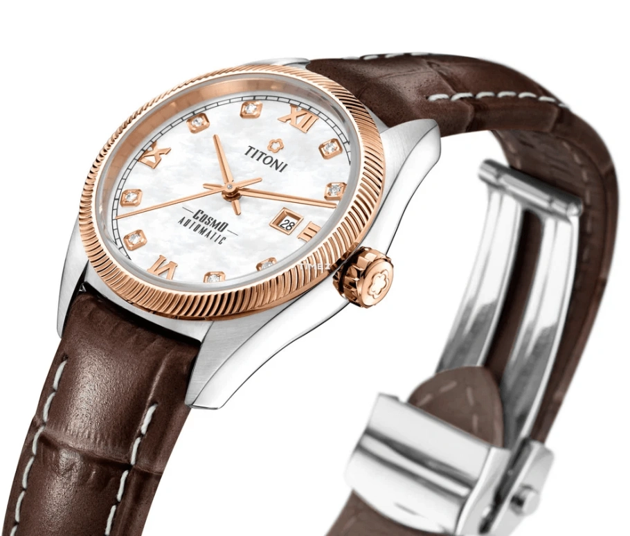 Titoni,COSMO 30mm,30mm,Stainless Steel,White,Automatic,Day,Sapphire,Crystal Glass,818 SRG,818 SRG-ST-652