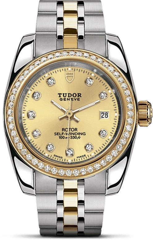 Tudor,Classic 28mm,28mm,Yellow Gold,Stainless Steel,Champagne,Automatic,Day,38hours,22023,22023-0010
