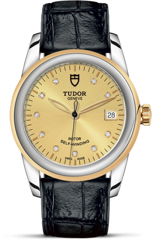 Tudor,Glamour 36mm,36mm,Yellow Gold,Stainless Steel,Champagne,Automatic,Day,38hours,55003,55003-0051