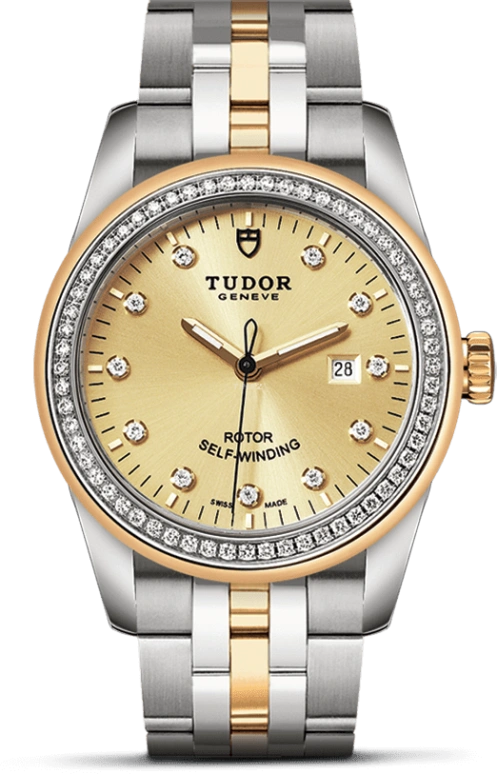 Tudor,Glamour 31mm,31mm,Yellow Gold,Stainless Steel,Champagne,Automatic,Date,38hours,53023,53023-0021