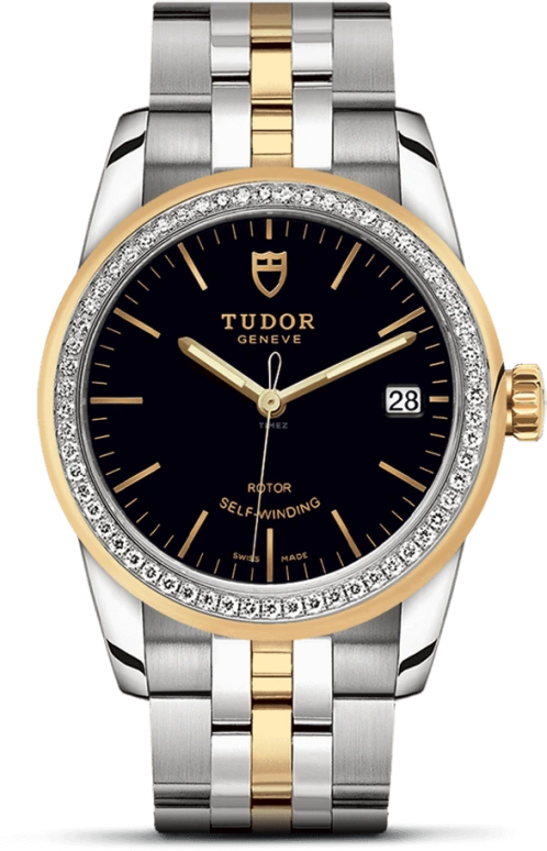 Tudor,Glamour 36mm,36mm,Yellow Gold,Stainless Steel,Black,Automatic,Day,38hours,55023,55023-0021