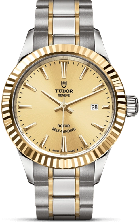 Tudor,Style 28mm,28mm,Yellow Gold,Stainless Steel,Champagne,Automatic,Date,38hours,12113,12113-0001