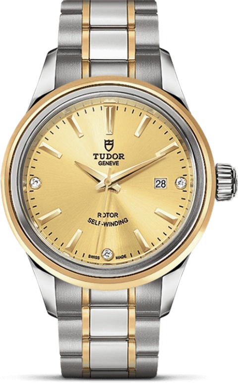 Tudor,Style 28mm,28mm,Yellow Gold,Stainless Steel,Champagne,Automatic,Date,38hours,12103,12103-0004