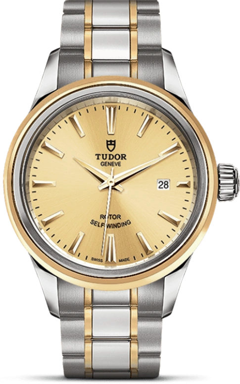 Tudor,Style 28mm,28mm,Yellow Gold,Stainless Steel,Champagne,Automatic,Date,38hours,12103,12103-0001