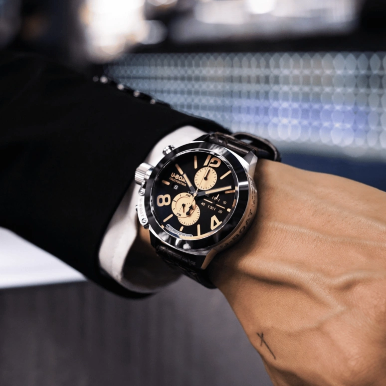 U-Boat,Classico 45mm,45mm,Stainless Steel,Black,Cream,Automatic,Chronograph,Day,Day / Night Indication,9567,9567/A