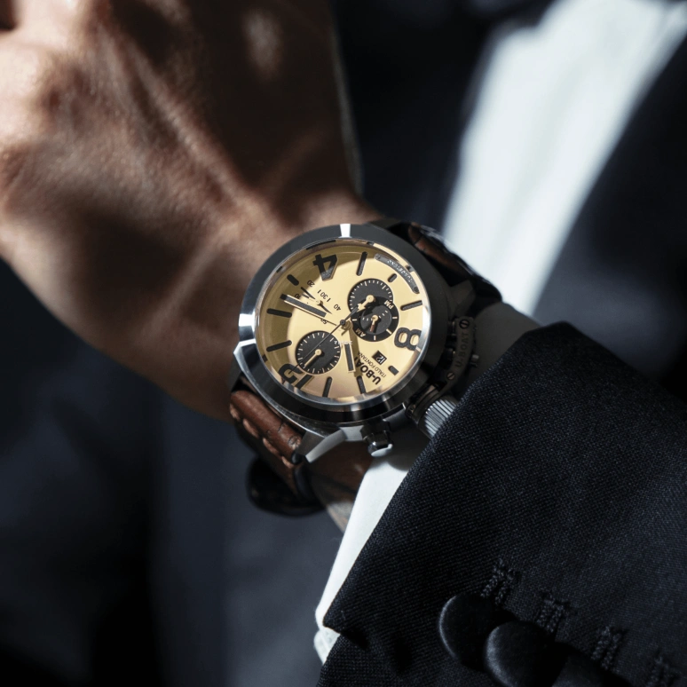 U-Boat,Classico 45mm,45mm,Stainless Steel,Beige,Black,Automatic,Chronograph,Day,Day / Night Indication,9568,9568/A