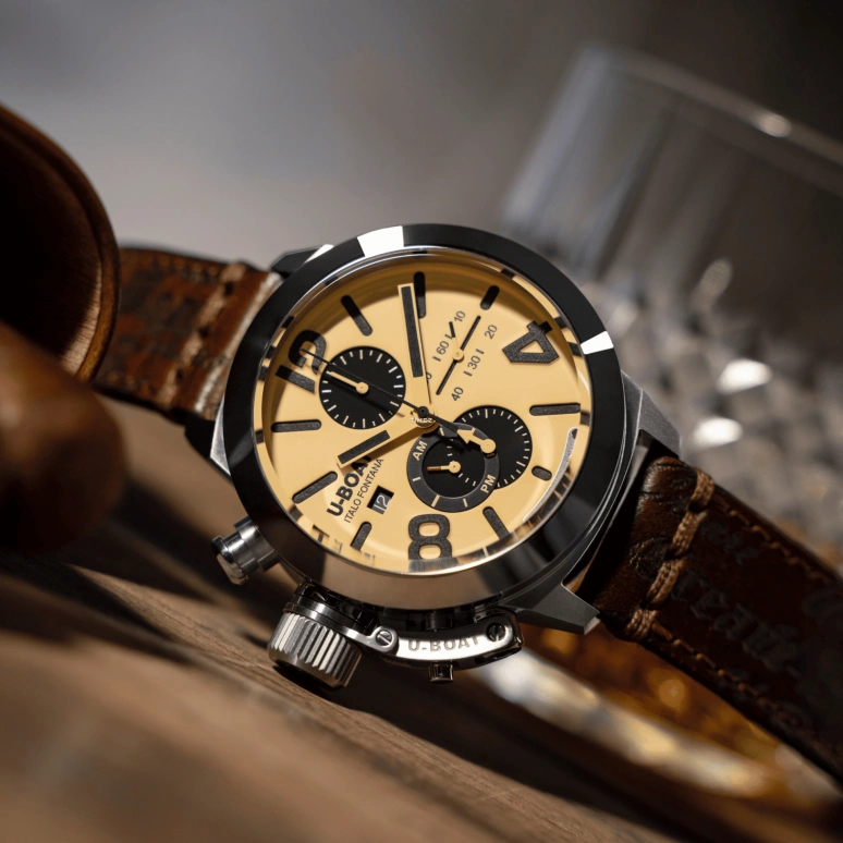 U-Boat,Classico 45mm,45mm,Stainless Steel,Beige,Black,Automatic,Chronograph,Day,Day / Night Indication,9568,9568/A