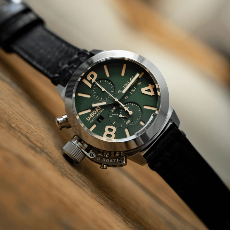 U-Boat,Classico 45mm,45mm,Stainless Steel,Beige,Green,Automatic,Chronograph,Day,Day / Night Indication,9581
