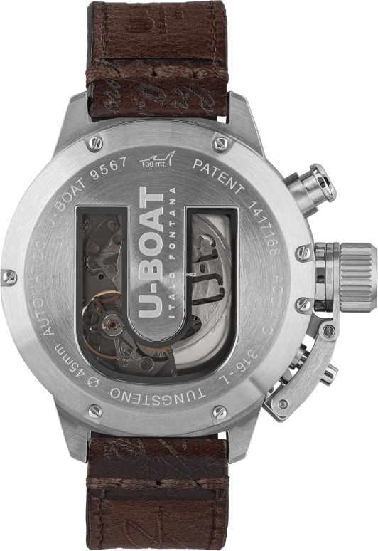 U-Boat,Classico 45mm,45mm,Stainless Steel,Black,Cream,Automatic,Chronograph,Day,Day / Night Indication,9567,9567/A