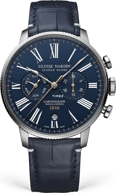 Ulysse Nardin,Marine 44mm,44mm,Stainless Steel,Blue,Cream,Automatic,Chronograph,Month,Day,1533,1533-320LE-3A-175/1B