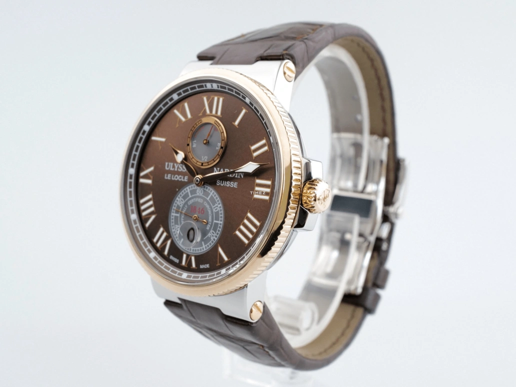 Ulysse Nardin,Marine 43mm,43mm,Stainless Steel,Rose Gold,Brown,Automatic,Day,Power Reserve Indicator,265,265-67/45