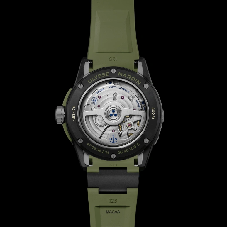 Ulysse Nardin,Diver 44mm,44mm,Stainless Steel,Green,Automatic,Day,Power Reserve Indicator,Anti-magnetic,1183,1183-170-8A/3A