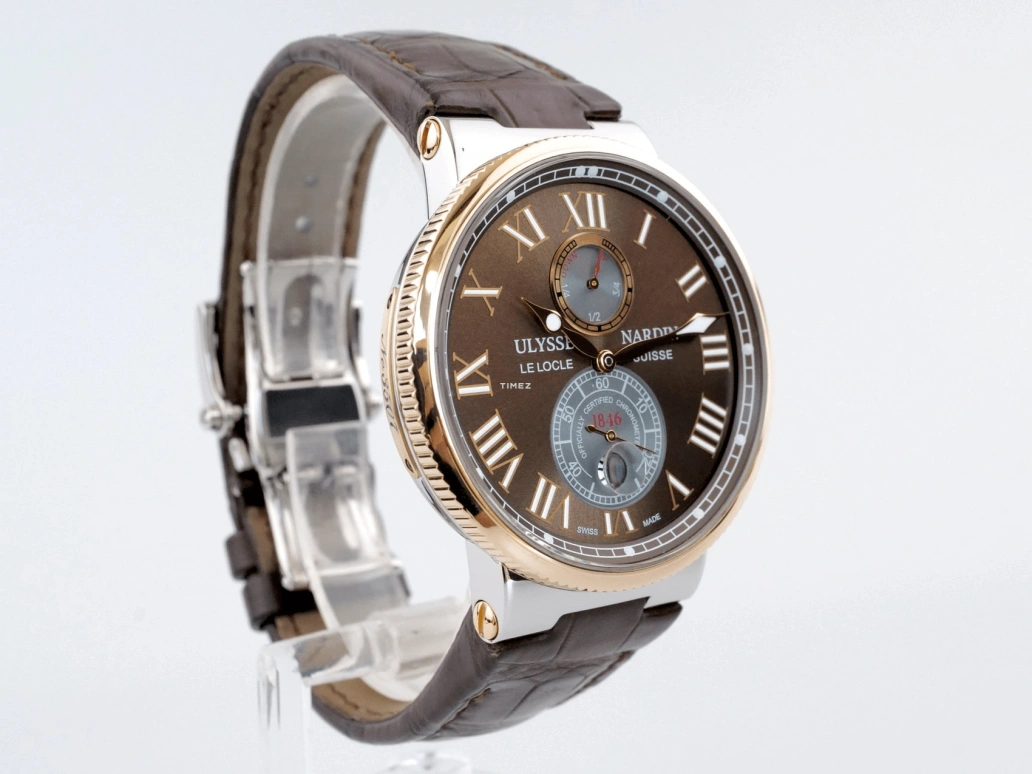 Ulysse Nardin,Marine 43mm,43mm,Stainless Steel,Rose Gold,Brown,Automatic,Day,Power Reserve Indicator,265,265-67/45