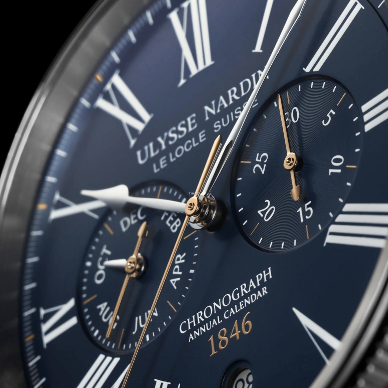 Ulysse Nardin,Marine 44mm,44mm,Stainless Steel,Blue,Cream,Automatic,Chronograph,Month,Day,1533,1533-320LE-3A-175/1B