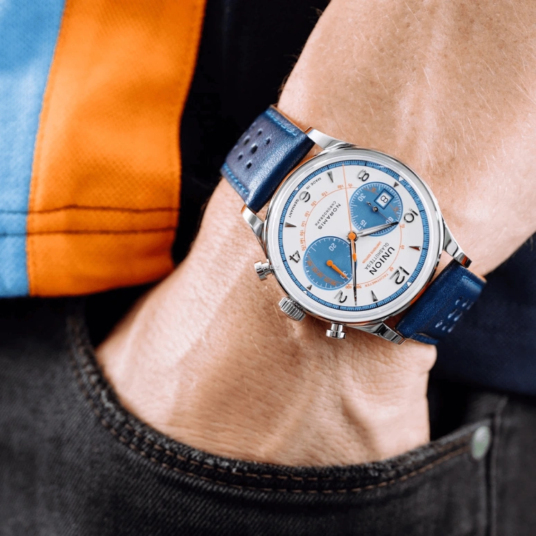UNION,NORAMIS 42mm,42mm,Stainless Steel,White,Blue,Automatic,Chronograph,Day,D012,D012.427.16.017.09