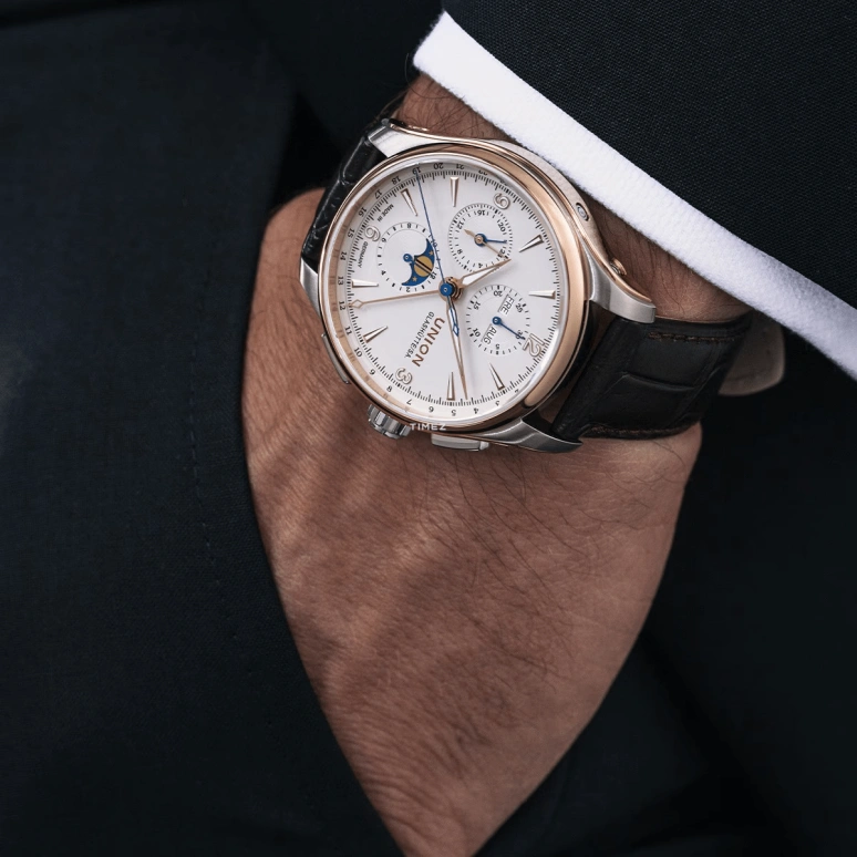 UNION,BELISAR 42mm,42mm,Stainless Steel,Rose Gold,White,Automatic,Chronograph,Moonphase,Month,Date,65hours,In-house Caliber,D907,D907.425.46.017.01