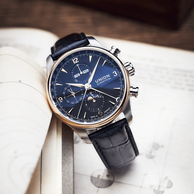 UNION,BELISAR 44mm,44mm,Stainless Steel,Stainless Steel,Black,Automatic,Chronograph,Moonphase,Month,Date,Sapphire,Glass,Rose Gold,D904,D904.425.46.057.11