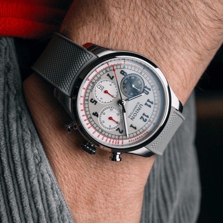 UNION,BELISAR 44mm,44mm,Stainless Steel,Stone Gray,Automatic,Chronograph,Day,D009,D009.427.17.082.00