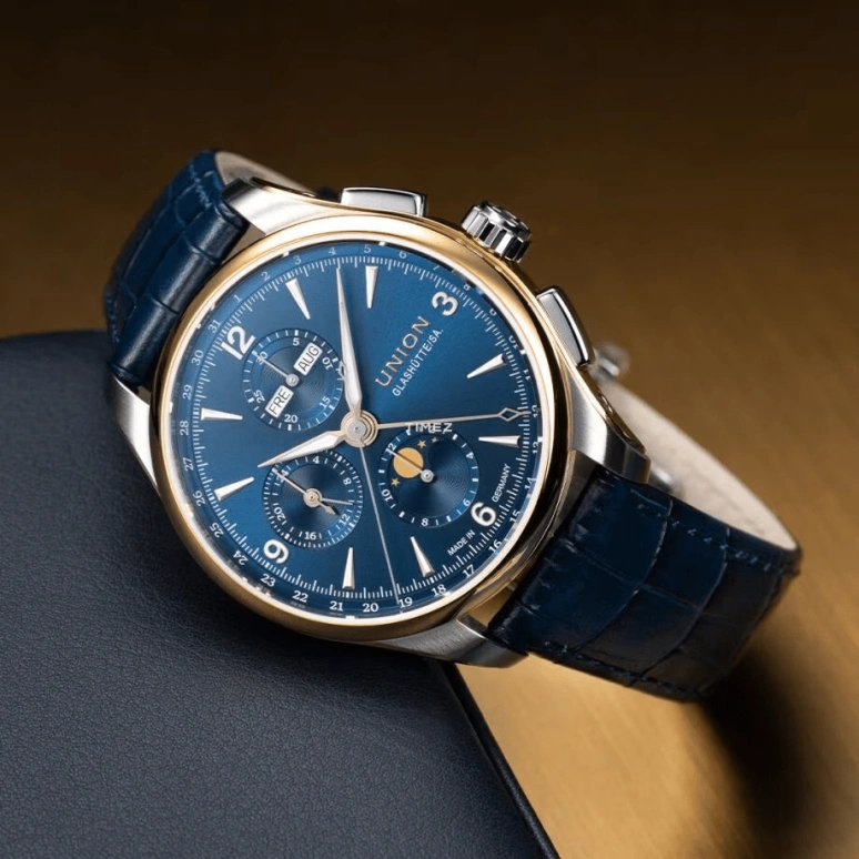UNION,BELISAR 42mm,42mm,Stainless Steel,Rose Gold,Blue,Automatic,Chronograph,Moonphase,Month,Date,65hours,In-house Caliber,D907,D907.425.46.047.01