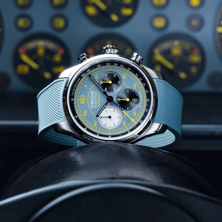 UNION,BELISAR 44mm,44mm,Stainless Steel,Sky Blue,Automatic,Chronograph,Day,D009,D009.427.17.042.09