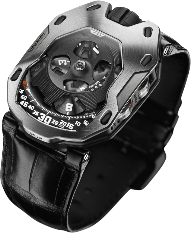Urwerk,UR-105M 39.50mm,39.50mm,Titanium,Stainless Steel,Black,Automatic,42hours,In-house Caliber,UR,UR-105M