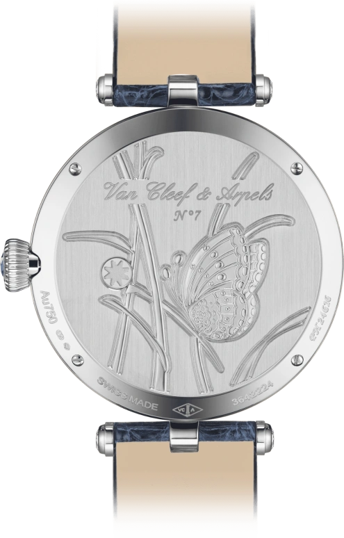 Van Cleef & Arpels,Poetic Complications® 33mm,33mm,White Gold,Silver,Blue,Handwound,Sapphire,Crystal Glass,Round,VCARO8NZ00