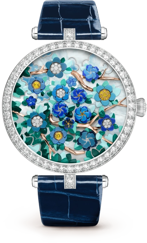 Van Cleef & Arpels,Poetic Complications® 38mm,38mm,White Gold,Blue,Green,White,Multi-Color,Automatic,Sapphire,Crystal Glass,Round,VCARPBJL00