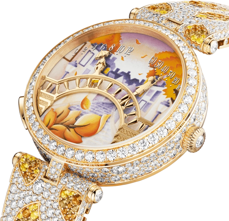 Van Cleef & Arpels,Poetic Complications® 38mm,38mm,Yellow Gold,Multi-Color,Automatic,36hours,Sapphire,Crystal Glass,VCARO8U200