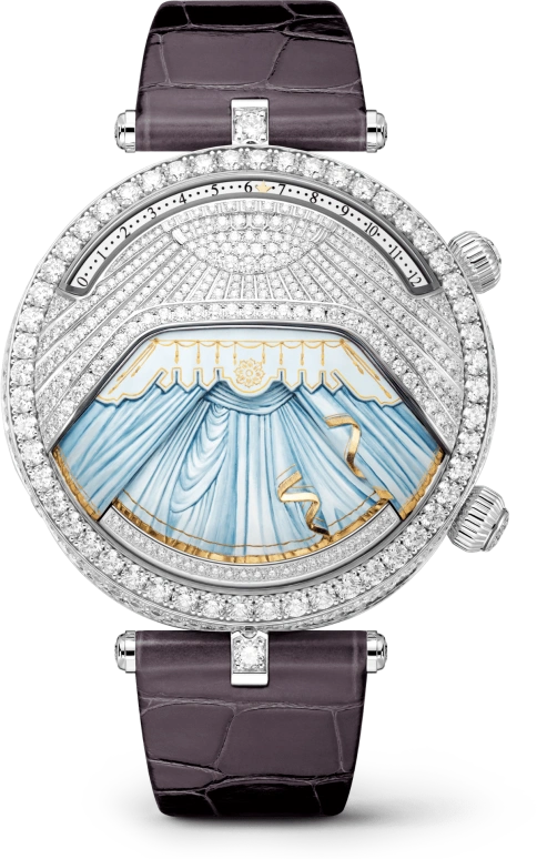 Van Cleef & Arpels,Poetic Complications® 44.50mm,44.50mm,White Gold,Sapphire,Crystal Glass,Setting,Diamonds,Diamonds,VCARO90400