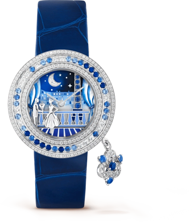 Van Cleef & Arpels,Extraordinary Dials™ 32mm,32mm,Sapphire,White Gold,White,Blue,Multi-Color,Quartz,Sapphire,Crystal Glass,Round,VCARO8WQ00