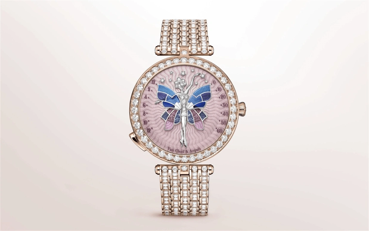 Van Cleef & Arpels,Poetic Complications® 40mm,40mm,Rose Gold,Rose,Blue,Pink,Multi-Color,Handwound,Sapphire,Crystal Glass,Round,VCARPBES00