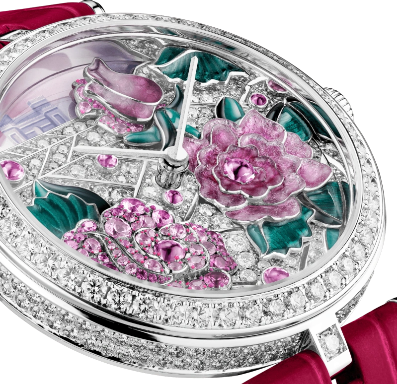 Van Cleef & Arpels,Extraordinary Dials™ 41mm,41mm,White Gold,Rose,Pink Red,Multi-Color,Red,Sapphire,Crystal Glass,Setting,Diamonds,VCARO8YW00