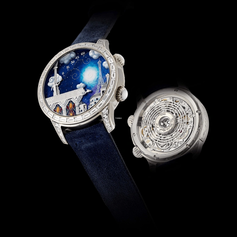 Van Cleef & Arpels,Poetic Complications® 43mm,43mm,White Gold,Blue,Multi-Color,Handwound,Sapphire,Crystal Glass,Round,VCARO30N00