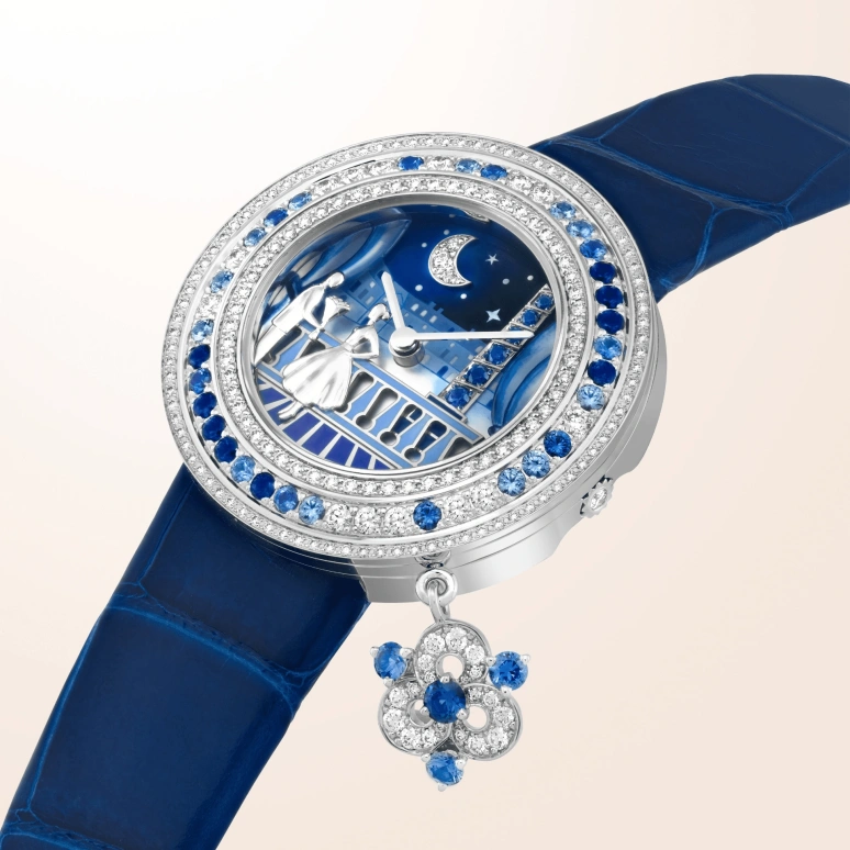 Van Cleef & Arpels,Extraordinary Dials™ 32mm,32mm,Sapphire,White Gold,White,Blue,Multi-Color,Quartz,Sapphire,Crystal Glass,Round,VCARO8WQ00